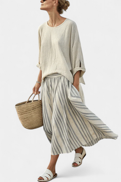 Completo Casual Daisy con Blusa Oversize e Gonna Midi a Righe in Lino di Bambù per uno Stile Elegante e Confortevole