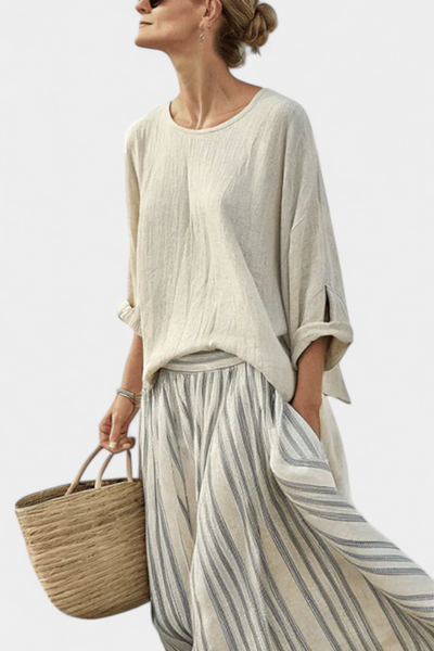Completo Casual Daisy con Blusa Oversize e Gonna Midi a Righe in Lino di Bambù per uno Stile Elegante e Confortevole