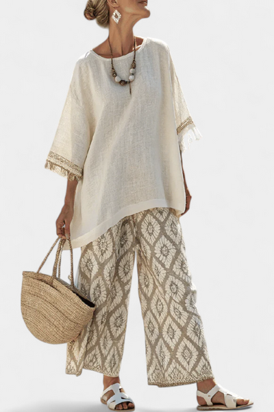 Completo Boho Chic Daisy: Camicia Larga e Pantaloni Stampati per uno Stile Unico
