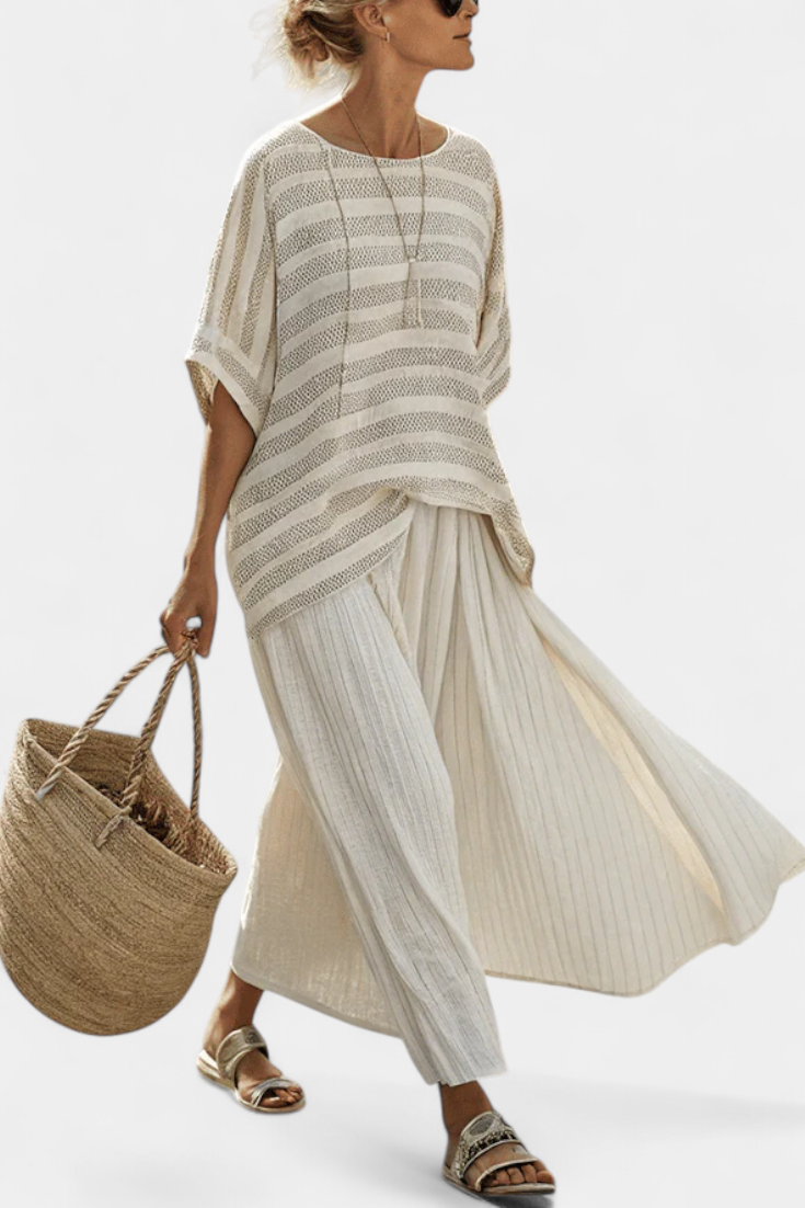 Completo in lino di bambù Daisy con blusa a righe elegante e pantaloni fluidi per uno stile moderno e comodo