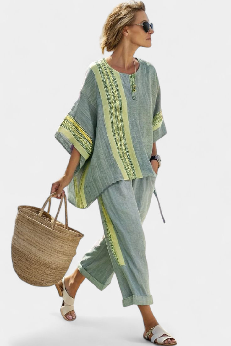 Set in lino di bambù con incantevole lavanda e dettagli a righe gialle