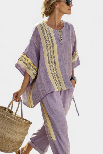 Set in lino di bambù con incantevole lavanda e dettagli a righe gialle