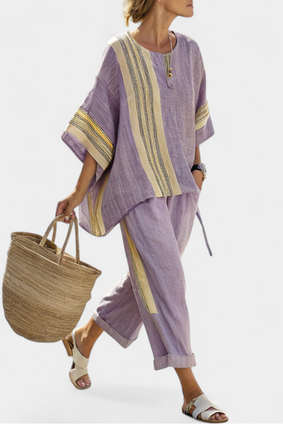 Set in lino di bambù con incantevole lavanda e dettagli a righe gialle