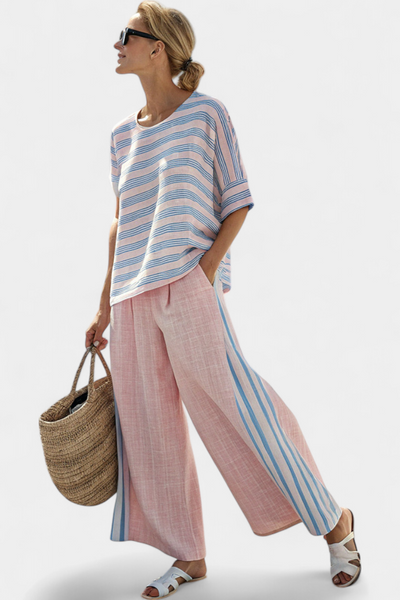 Set in lino di bambù Daisy Mediterraneo in delicato rosa pastello con eleganti righe azzurre