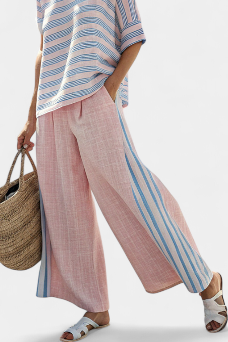 Set in lino di bambù Daisy Mediterraneo in delicato rosa pastello con eleganti righe azzurre