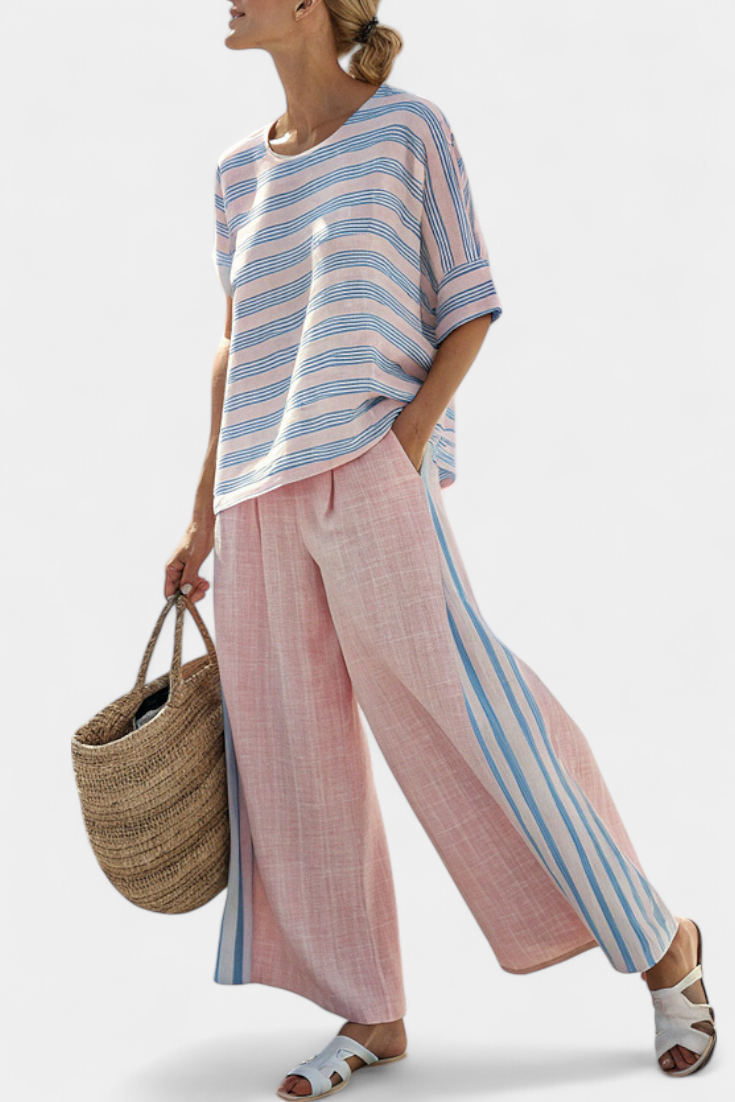 Set in lino di bambù Daisy Mediterraneo in delicato rosa pastello con eleganti righe azzurre