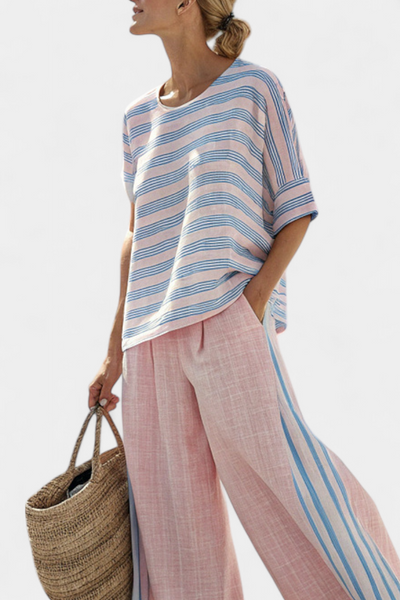 Set in lino di bambù Daisy Mediterraneo in delicato rosa pastello con eleganti righe azzurre