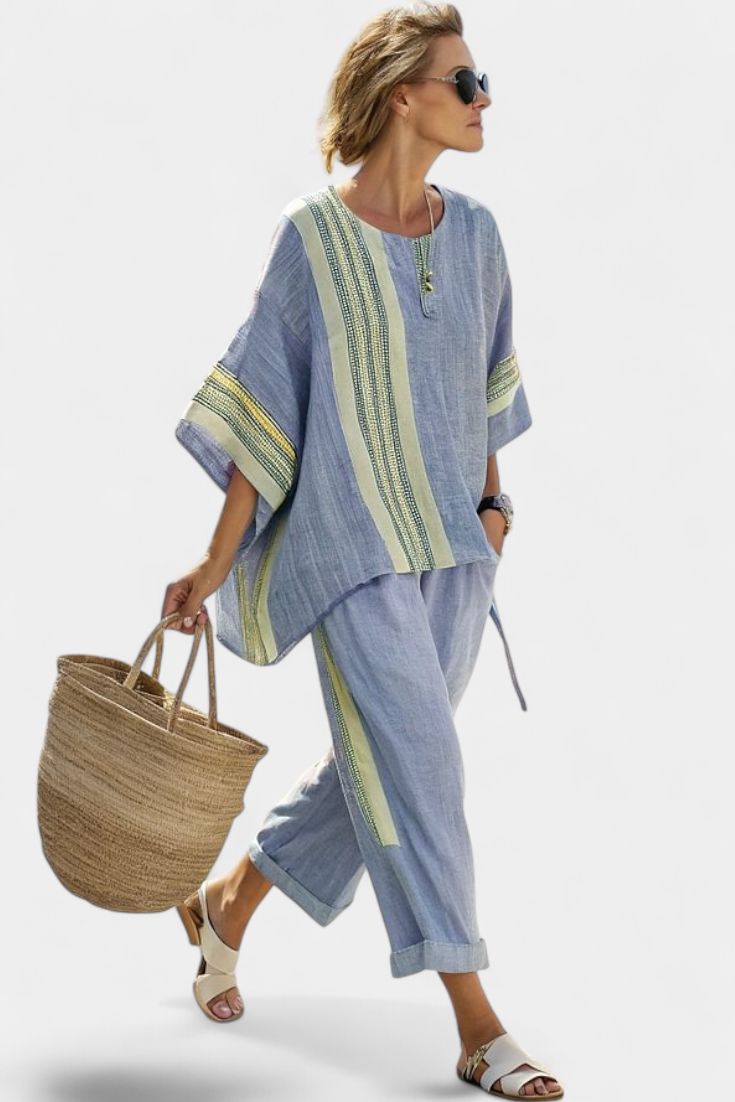 Set in lino di bambù con incantevole lavanda e dettagli a righe gialle