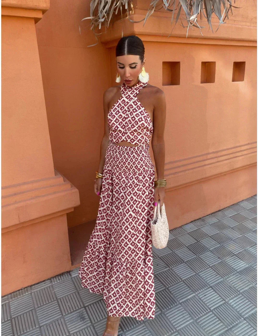 Mickay™ | Elegante abito midi drappeggiato con spalle scoperte