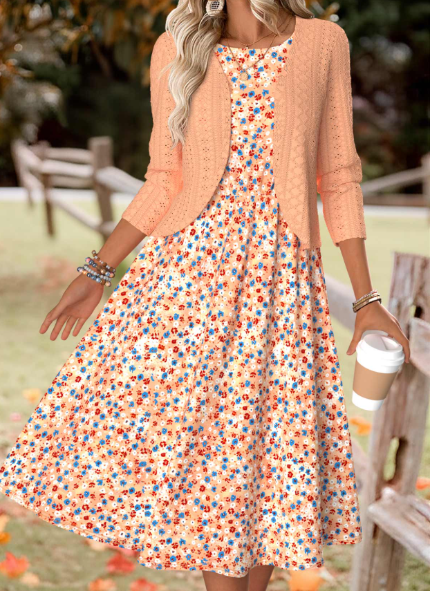 Abito arancione con stampa floreale e maniche lunghe e giacca
