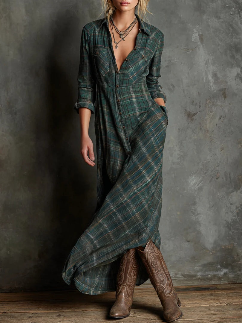 Eva | Abito Maxi Camicia a Righe Verde con Revers