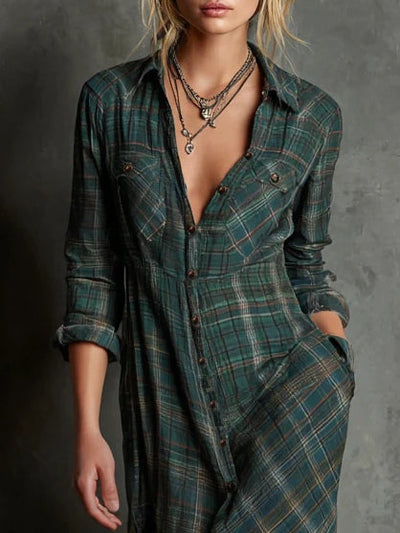 Eva | Abito Maxi Camicia a Righe Verde con Revers