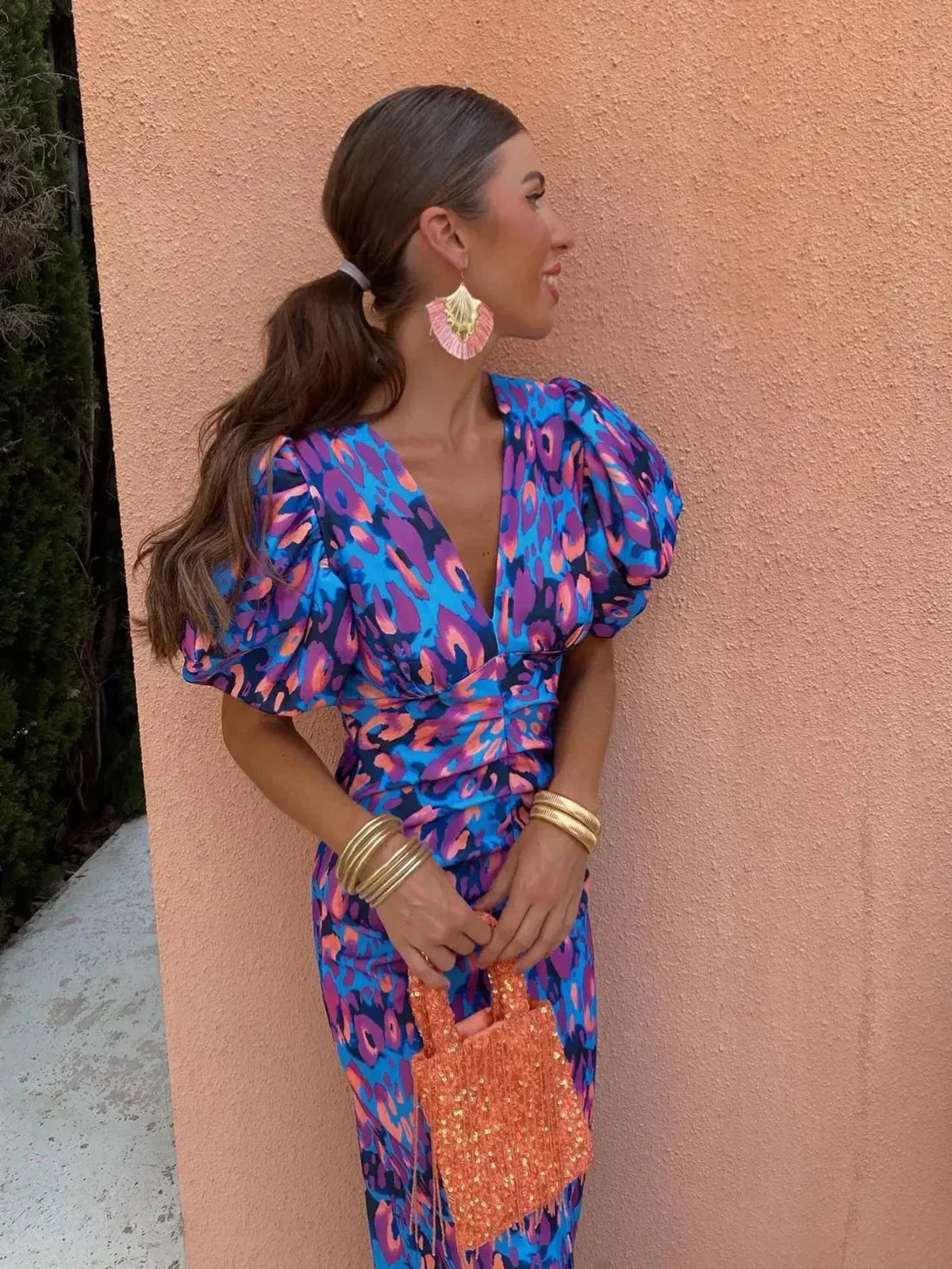 Arielle™ | Abito Midi Colorato con Maniche Plissettate